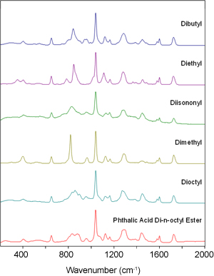 Raman Spectra of 6 phthalates showing the characteristic bands associated with the phthalate group.